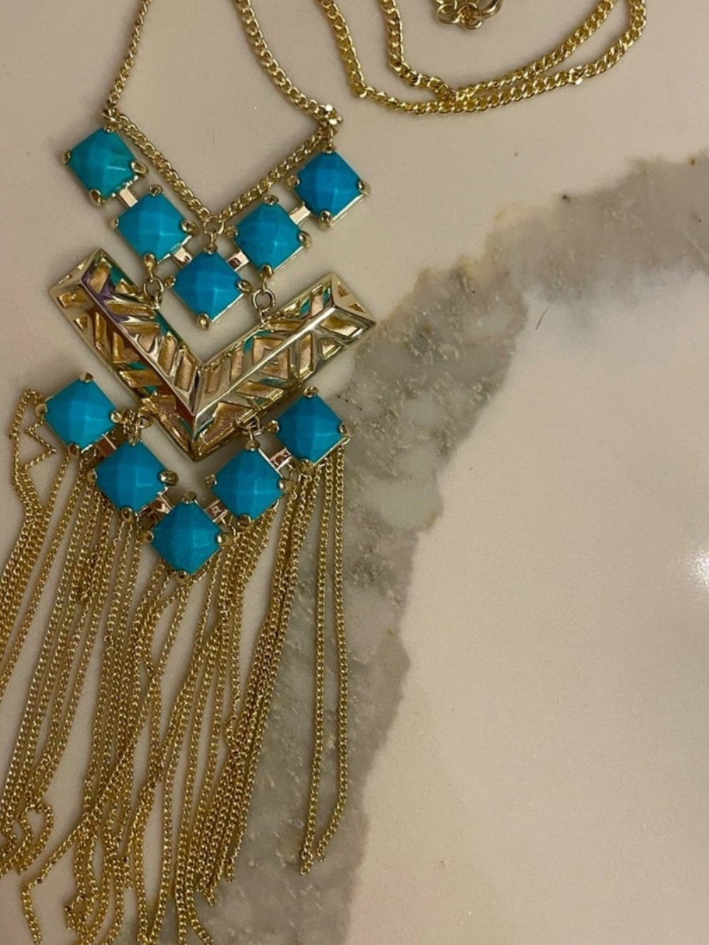 Amazing vintage Kendra Scott fringed turquoise tribal long statement necklace